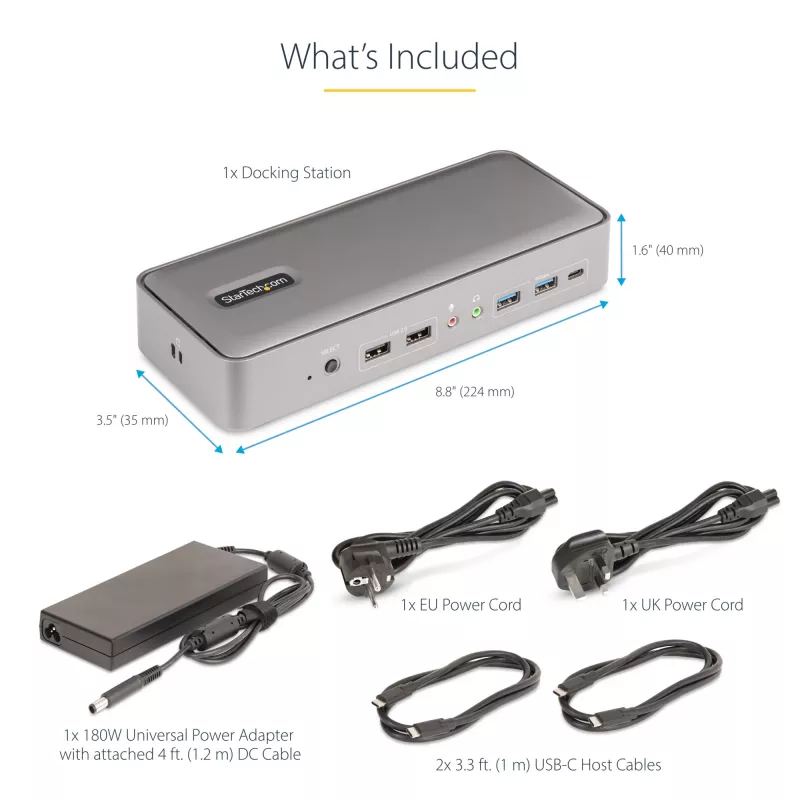 StarTech.com USB-C KVM prijungimo stotelė dviem nešiojamiesiems kompiuteriams, dviejų monitorių 4K 60Hz DisplayPort dokas, 5 prievadų USB šakotuvas, GbE, 90W/45W maitinimo tiekimas dviem nešiojamiesiems kompiuteriams, Windows/Mac, 2 kompiuterių KVM dokas – TAA