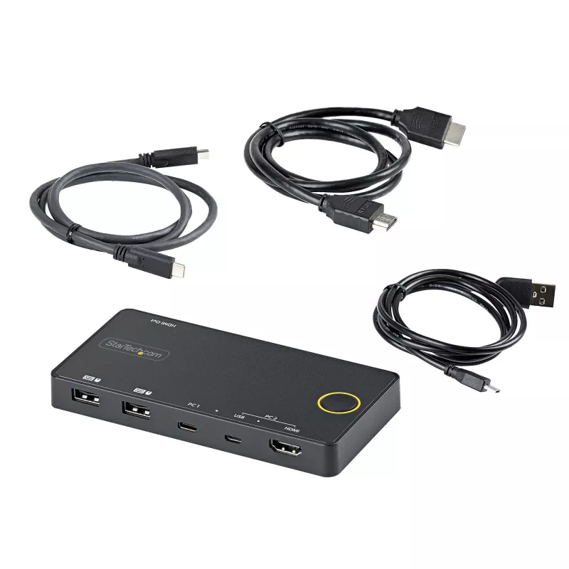 StarTech.com 2 prievadų hibridinis USB-A + HDMI ir USB-C KVM jungiklis - vienas 4K 60Hz HDMI 2.0 monitorius - kompaktiškas stalinio ir/ar nešiojamojo kompiuterio HDMI KVM jungiklis - maitinamas per USB magistralę - suderinamas su Thunderbolt 3