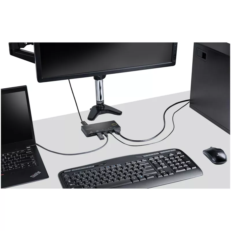 StarTech.com 2 prievadų hibridinis USB-A + HDMI ir USB-C KVM jungiklis - vienas 4K 60Hz HDMI 2.0 monitorius - kompaktiškas stalinio ir/ar nešiojamojo kompiuterio HDMI KVM jungiklis - maitinamas per USB magistralę - suderinamas su Thunderbolt 3