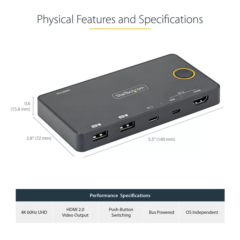 StarTech.com 2 prievadų hibridinis USB-A + HDMI ir USB-C KVM jungiklis - vienas 4K 60Hz HDMI 2.0 monitorius - kompaktiškas stalinio ir/ar nešiojamojo kompiuterio HDMI KVM jungiklis - maitinamas per USB magistralę - suderinamas su Thunderbolt 3