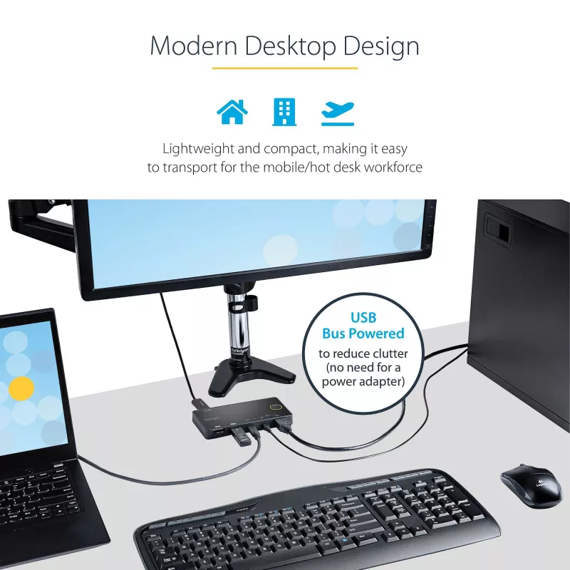 StarTech.com 2 prievadų hibridinis USB-A + HDMI ir USB-C KVM jungiklis - vienas 4K 60Hz HDMI 2.0 monitorius - kompaktiškas stalinio ir/ar nešiojamojo kompiuterio HDMI KVM jungiklis - maitinamas per USB magistralę - suderinamas su Thunderbolt 3