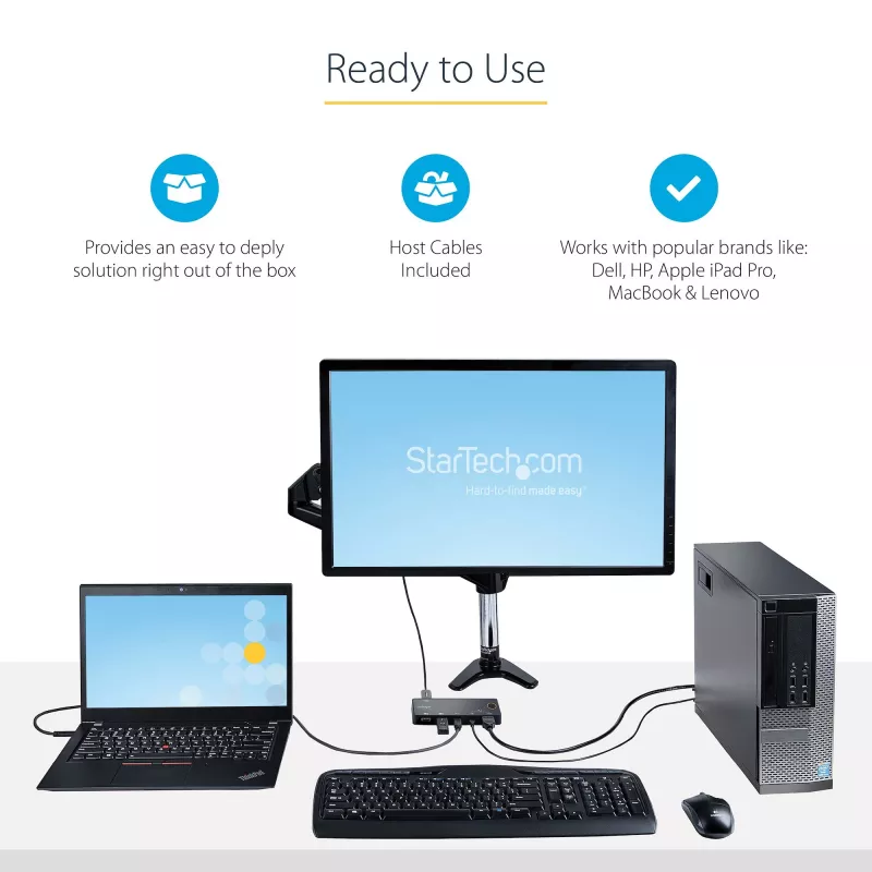 StarTech.com 2 prievadų hibridinis USB-A + HDMI ir USB-C KVM jungiklis - vienas 4K 60Hz HDMI 2.0 monitorius - kompaktiškas stalinio ir/ar nešiojamojo kompiuterio HDMI KVM jungiklis - maitinamas per USB magistralę - suderinamas su Thunderbolt 3