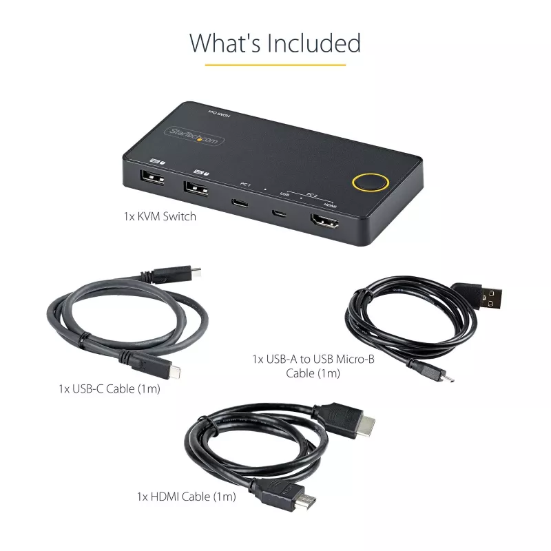 StarTech.com 2 prievadų hibridinis USB-A + HDMI ir USB-C KVM jungiklis - vienas 4K 60Hz HDMI 2.0 monitorius - kompaktiškas stalinio ir/ar nešiojamojo kompiuterio HDMI KVM jungiklis - maitinamas per USB magistralę - suderinamas su Thunderbolt 3