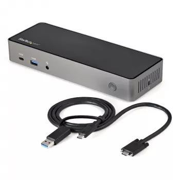 StarTech.com USB-C ir USB-A dokas – hibridinė universali trijų monitorių nešiojamojo kompiuterio prijungimo stotelė su DisplayPort ir HDMI 4K 60Hz – 85W energijos tiekimas, 6x USB šakotuvas, GbE, garso išvestis – USB 3.1 Gen 2 10Gbps – TAA