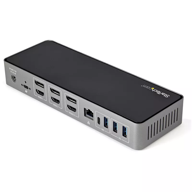 StarTech.com USB-C ir USB-A dokas – hibridinė universali trijų monitorių nešiojamojo kompiuterio prijungimo stotelė su DisplayPort ir HDMI 4K 60Hz – 85W energijos tiekimas, 6x USB šakotuvas, GbE, garso išvestis – USB 3.1 Gen 2 10Gbps – TAA