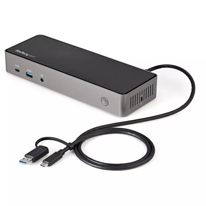 StarTech.com USB-C ir USB-A dokas – hibridinė universali trijų monitorių nešiojamojo kompiuterio prijungimo stotelė su DisplayPort ir HDMI 4K 60Hz – 85W energijos tiekimas, 6x USB šakotuvas, GbE, garso išvestis – USB 3.1 Gen 2 10Gbps – TAA