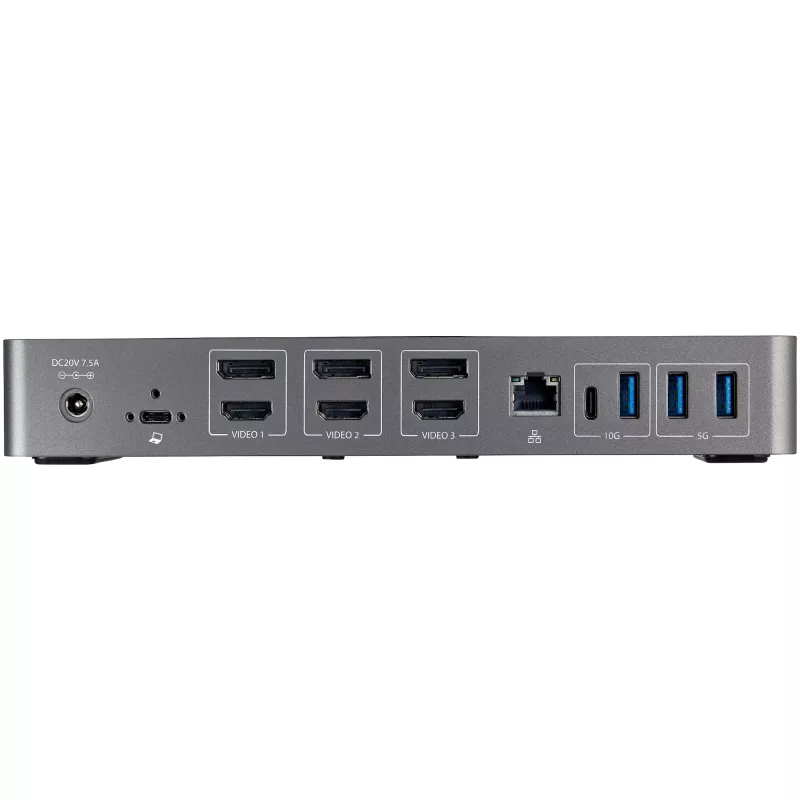 StarTech.com USB-C ir USB-A dokas – hibridinė universali trijų monitorių nešiojamojo kompiuterio prijungimo stotelė su DisplayPort ir HDMI 4K 60Hz – 85W energijos tiekimas, 6x USB šakotuvas, GbE, garso išvestis – USB 3.1 Gen 2 10Gbps – TAA