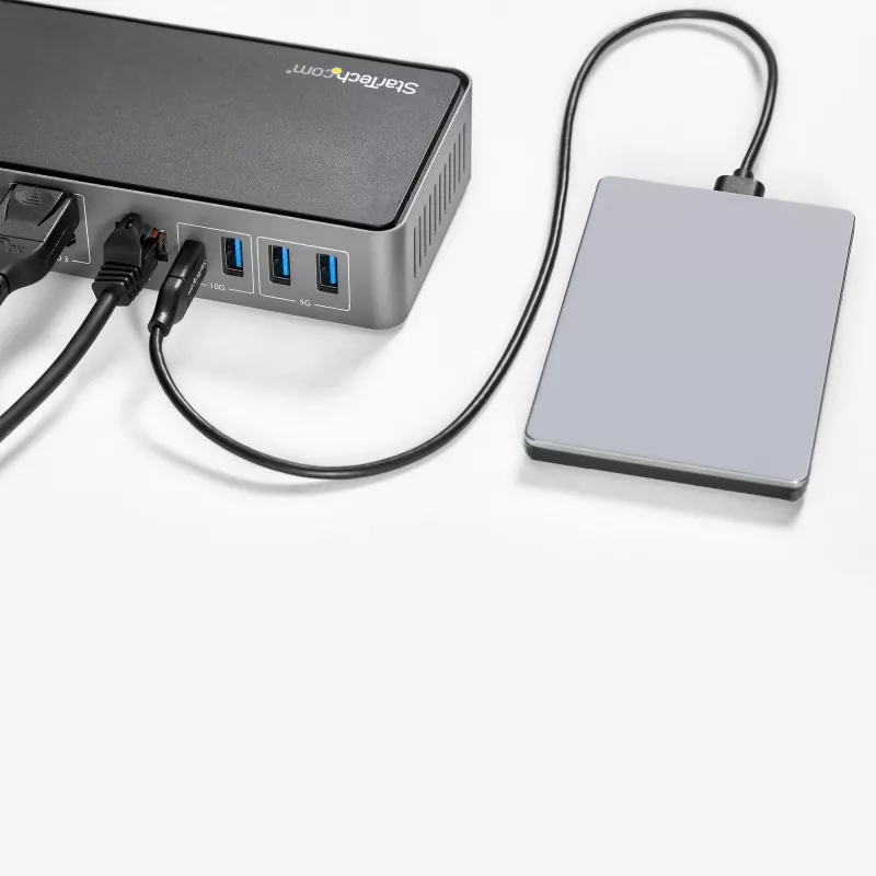 StarTech.com USB-C ir USB-A dokas – hibridinė universali trijų monitorių nešiojamojo kompiuterio prijungimo stotelė su DisplayPort ir HDMI 4K 60Hz – 85W energijos tiekimas, 6x USB šakotuvas, GbE, garso išvestis – USB 3.1 Gen 2 10Gbps – TAA