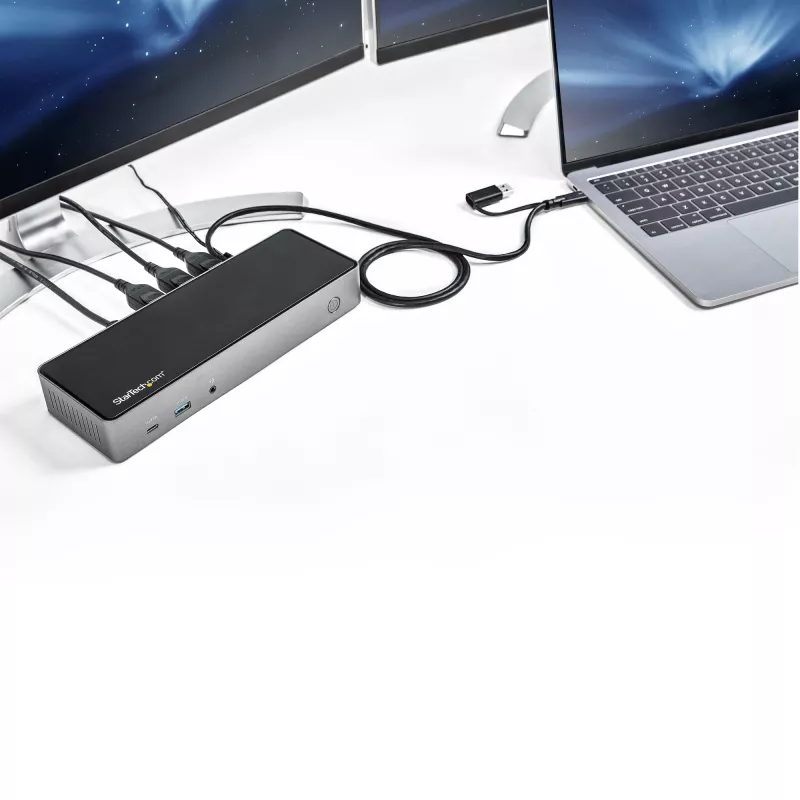 StarTech.com USB-C ir USB-A dokas – hibridinė universali trijų monitorių nešiojamojo kompiuterio prijungimo stotelė su DisplayPort ir HDMI 4K 60Hz – 85W energijos tiekimas, 6x USB šakotuvas, GbE, garso išvestis – USB 3.1 Gen 2 10Gbps – TAA
