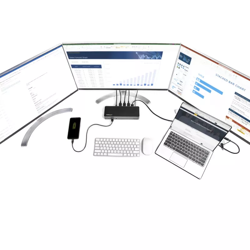 StarTech.com USB-C ir USB-A dokas – hibridinė universali trijų monitorių nešiojamojo kompiuterio prijungimo stotelė su DisplayPort ir HDMI 4K 60Hz – 85W energijos tiekimas, 6x USB šakotuvas, GbE, garso išvestis – USB 3.1 Gen 2 10Gbps – TAA