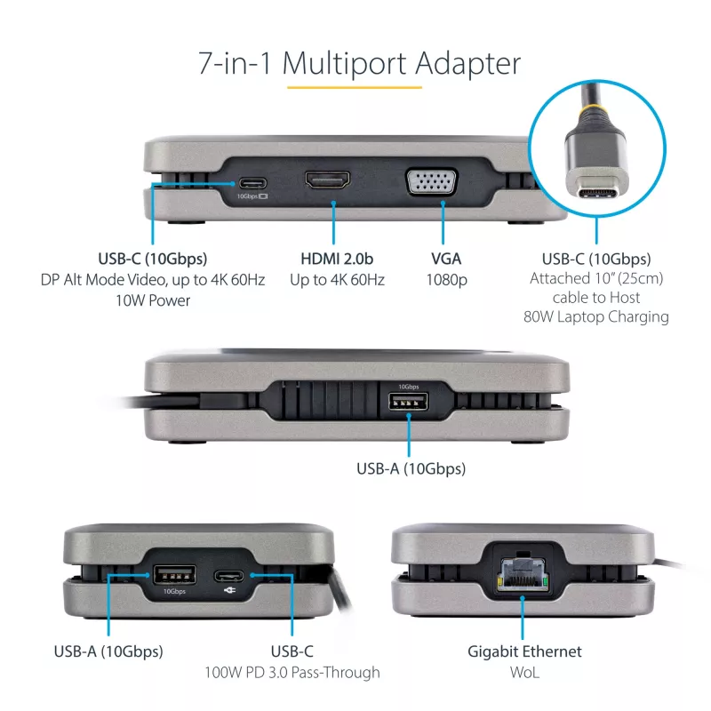 StarTech.com USB-C dviejų monitorių daugiafunkcis adapteris iki 4K 60Hz USB-C DP alternatyvaus režimo vaizdo išvestis ir HDMI 2.0 arba 1080p VGA, 100W PD pralaidinis maitinimas, USB Type-C mini dokas, USB-C prijungimo stotelė, MST šakotuvas