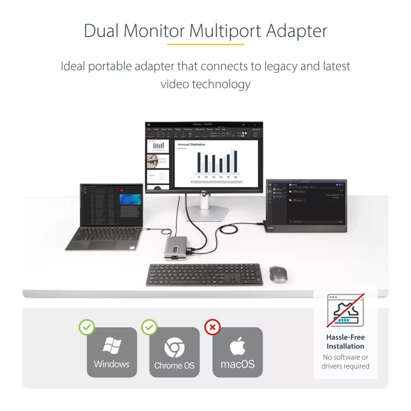 StarTech.com USB-C dviejų monitorių daugiafunkcis adapteris iki 4K 60Hz USB-C DP alternatyvaus režimo vaizdo išvestis ir HDMI 2.0 arba 1080p VGA, 100W PD pralaidinis maitinimas, USB Type-C mini dokas, USB-C prijungimo stotelė, MST šakotuvas