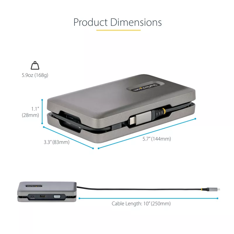 StarTech.com USB-C dviejų monitorių daugiafunkcis adapteris iki 4K 60Hz USB-C DP alternatyvaus režimo vaizdo išvestis ir HDMI 2.0 arba 1080p VGA, 100W PD pralaidinis maitinimas, USB Type-C mini dokas, USB-C prijungimo stotelė, MST šakotuvas