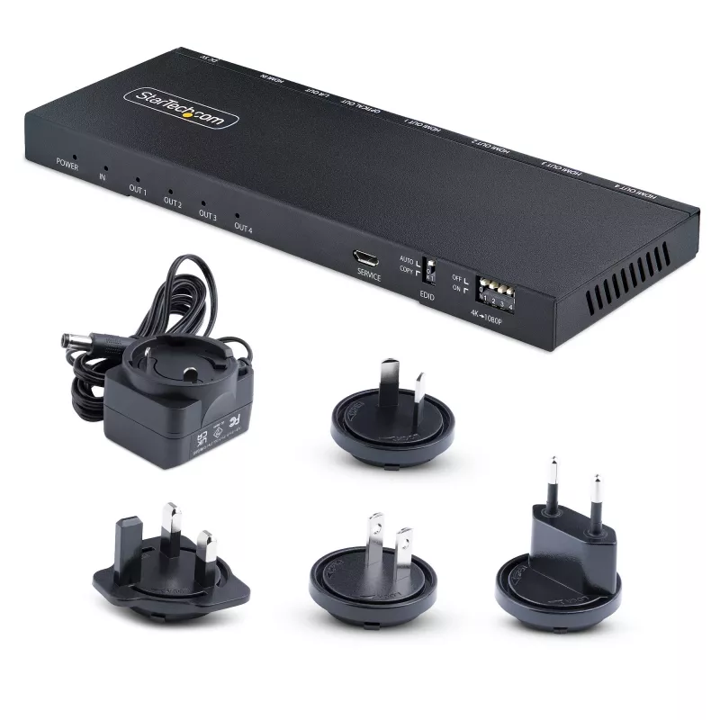 StarTech.com 4 prievadų HDMI skirstytuvas, 4K 60Hz HDMI 2.0 vaizdo, 4K HDMI skirstytuvas su įmontuotu skaleriu, HDMI skirstytuvas 1 įėjimas 4 išėjimai, 3,5 mm / optinis garso prievadas, HDMI ekrano / išvesties skirstytuvas