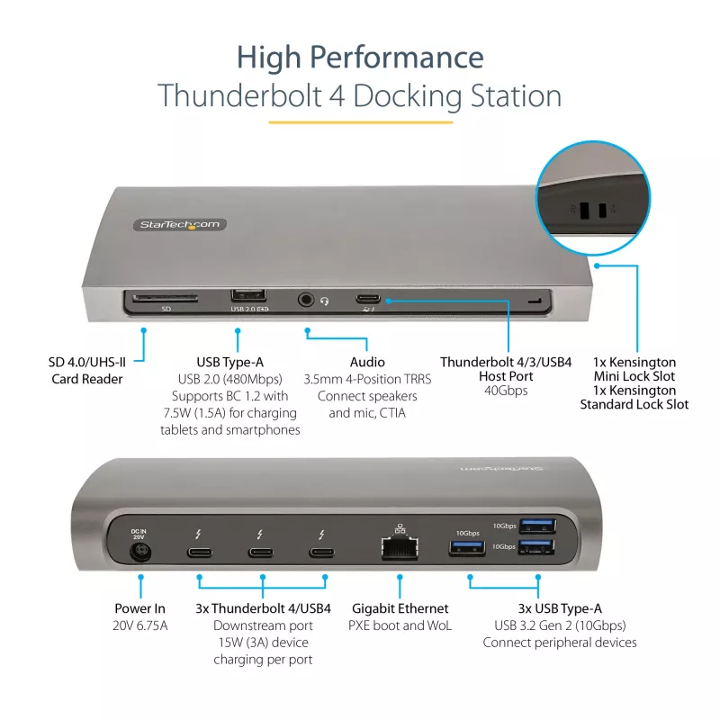 StarTech.com Thunderbolt 4 dokas, 96W maitinimo tiekimas, vienas 8K / dviejų monitorių 4K 60Hz, 3x TB4/USB4 prievadai, 4x USB-A, SD, GbE, Thunderbolt 4 prijungimo stotelė, skirta Windows arba TB3 MacBook, 0,8 m laidas