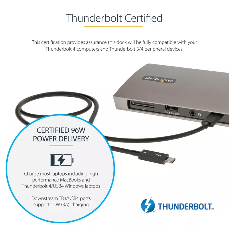 StarTech.com Thunderbolt 4 dokas, 96W maitinimo tiekimas, vienas 8K / dviejų monitorių 4K 60Hz, 3x TB4/USB4 prievadai, 4x USB-A, SD, GbE, Thunderbolt 4 prijungimo stotelė, skirta Windows arba TB3 MacBook, 0,8 m laidas