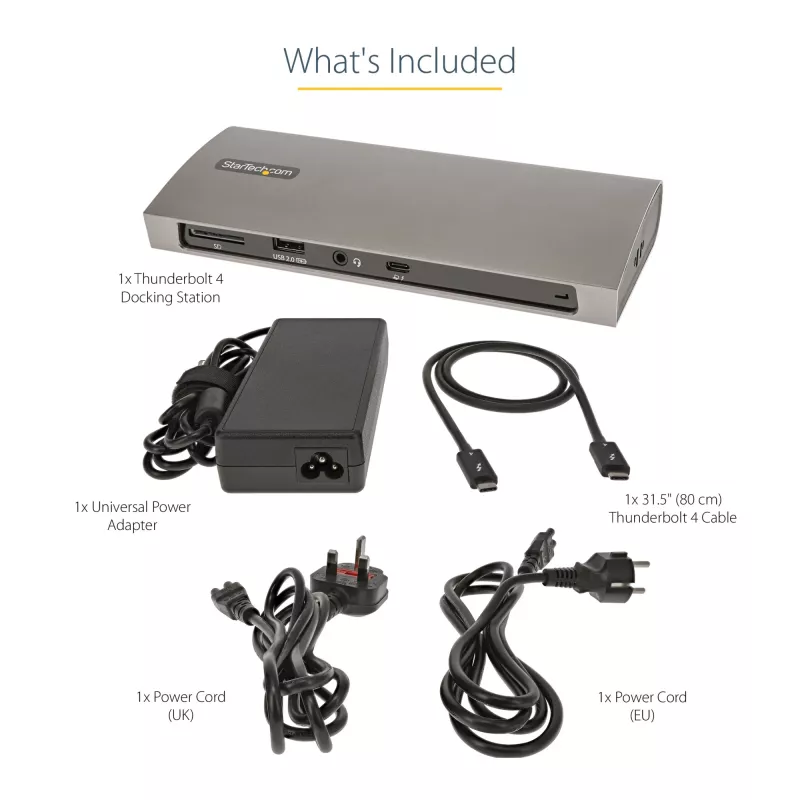 StarTech.com Thunderbolt 4 dokas, 96W maitinimo tiekimas, vienas 8K / dviejų monitorių 4K 60Hz, 3x TB4/USB4 prievadai, 4x USB-A, SD, GbE, Thunderbolt 4 prijungimo stotelė, skirta Windows arba TB3 MacBook, 0,8 m laidas