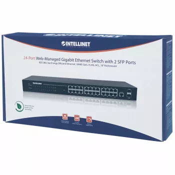 Intellinet 24 prievadų tinklo komutatorius, 24 prievadų (RJ45), montuojamas stove, Gigabit, 4 SFP, Ethernet Web-Smart, 10/100/1000 Mbit
