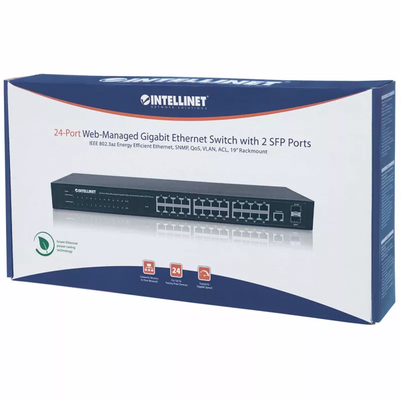 Intellinet 24 prievadų tinklo komutatorius, 24 prievadų (RJ45), montuojamas stove, Gigabit, 4 SFP, Ethernet Web-Smart, 10/100/1000 Mbit