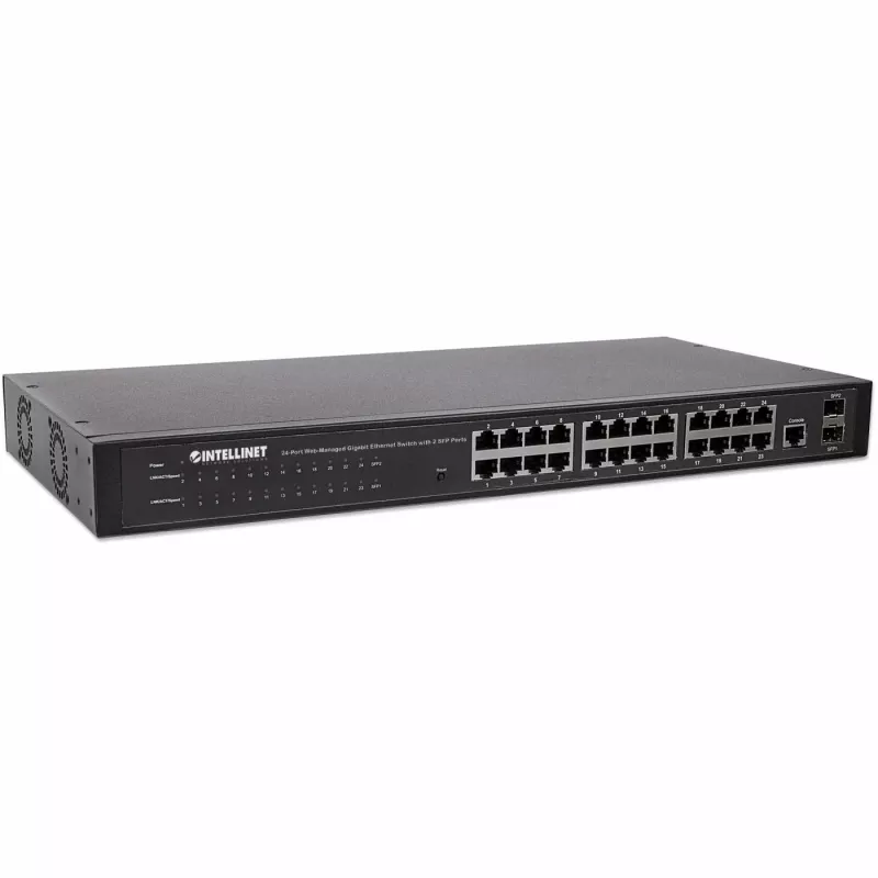Intellinet 24 prievadų tinklo komutatorius, 24 prievadų (RJ45), montuojamas stove, Gigabit, 4 SFP, Ethernet Web-Smart, 10/100/1000 Mbit