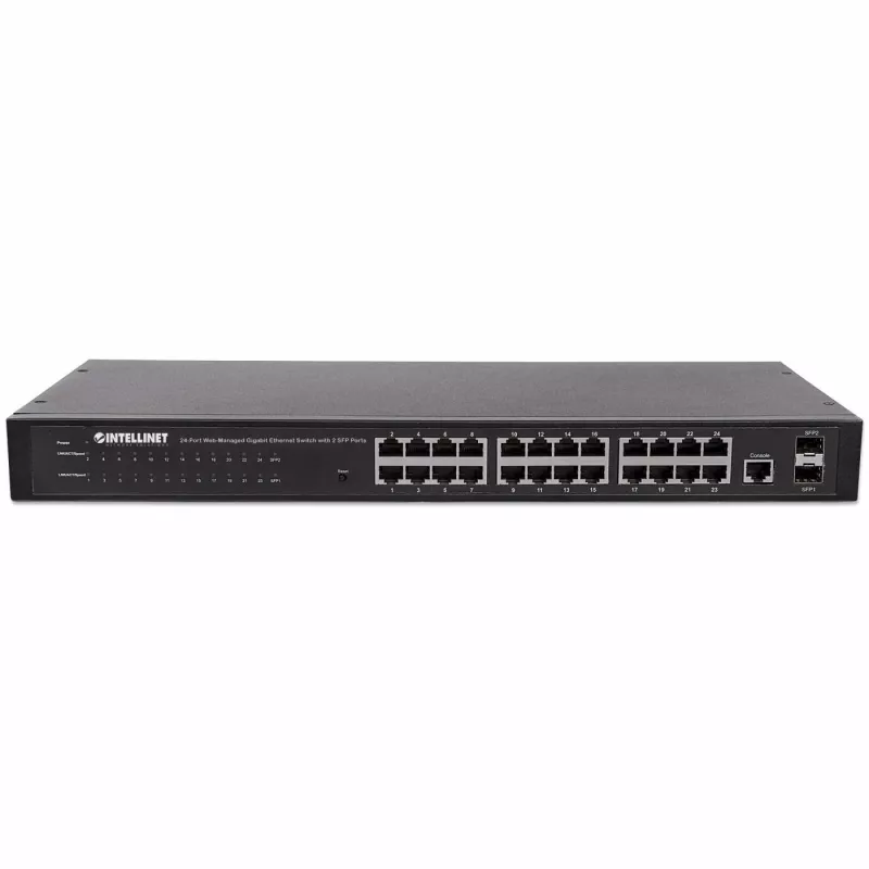 Intellinet 24 prievadų tinklo komutatorius, 24 prievadų (RJ45), montuojamas stove, Gigabit, 4 SFP, Ethernet Web-Smart, 10/100/1000 Mbit