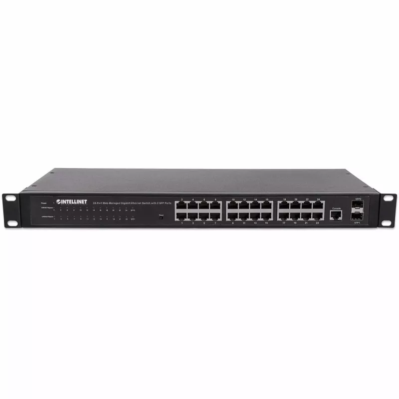 Intellinet 24 prievadų tinklo komutatorius, 24 prievadų (RJ45), montuojamas stove, Gigabit, 4 SFP, Ethernet Web-Smart, 10/100/1000 Mbit