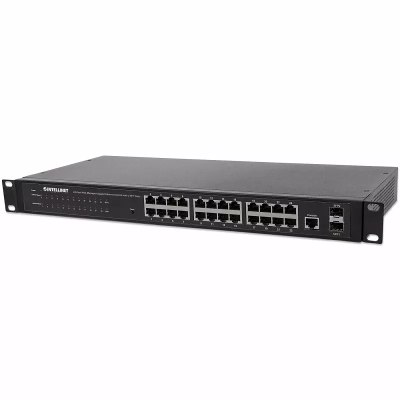 Intellinet 24 prievadų tinklo komutatorius, 24 prievadų (RJ45), montuojamas stove, Gigabit, 4 SFP, Ethernet Web-Smart, 10/100/1000 Mbit