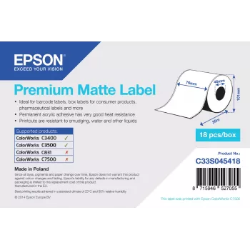 Epson Premium Matte Label Continuous Roll 76mm x 35m Matinis 163 g/m²