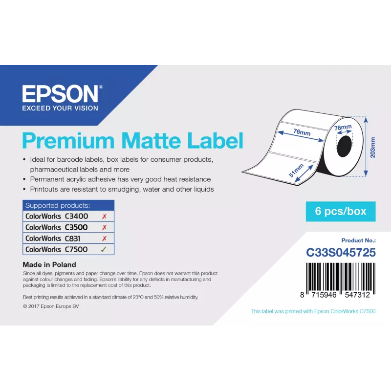 Epson Premium Matte Label - Die-cut Roll: 76 mm x 51 mm, 2310 etiketės