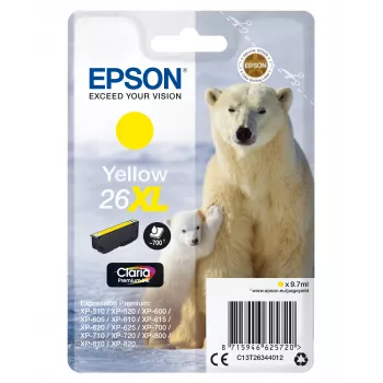 Epson Polar bear vienetinis geltonas 26XL Claria Premium rašalas, didelės (XL) talpos, geltonas, pigmentinis rašalas, 9,7 ml, 1 vnt., 700 puslapių