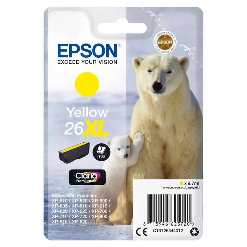 Epson Polar bear vienetinis geltonas 26XL Claria Premium rašalas, didelės (XL) talpos, geltonas, pigmentinis rašalas, 9,7 ml, 1 vnt., 700 puslapių