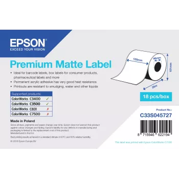 Epson Premium Matte Label - vientisas ritinys: 105 mm x 35 m, baltas, lipdukų spausdintuvo etiketė, vientisas lipdukas, akrilas, nuolatinis, matinis