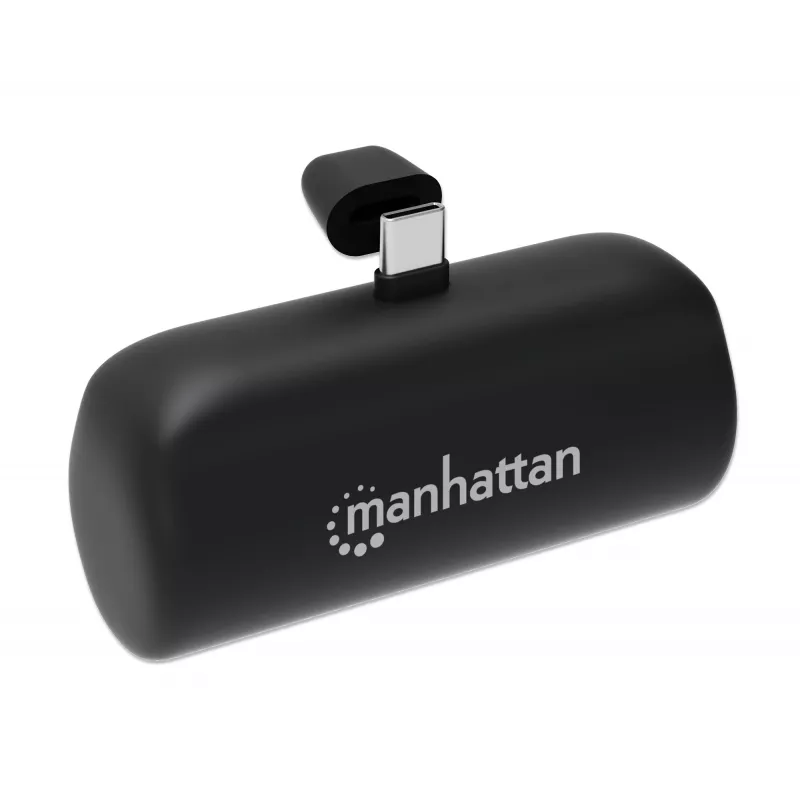 Manhattan išorinė baterija su integruotu USB-C kištuku, 5000 mAh, iki 10 W išvestis, atraminė kojelė naudojimui kaip telefono laikiklis, juoda, vienerių metų garantija