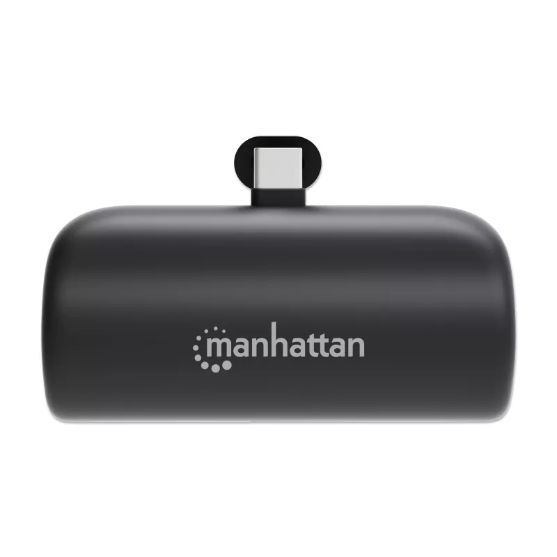 Manhattan išorinė baterija su integruotu USB-C kištuku, 5000 mAh, iki 10 W išvestis, atraminė kojelė naudojimui kaip telefono laikiklis, juoda, vienerių metų garantija
