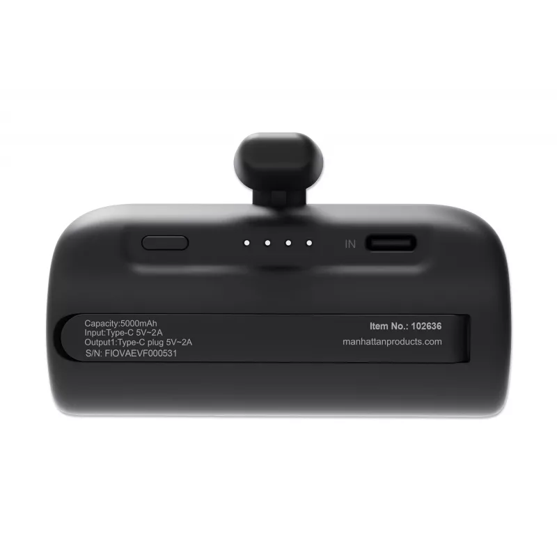 Manhattan išorinė baterija su integruotu USB-C kištuku, 5000 mAh, iki 10 W išvestis, atraminė kojelė naudojimui kaip telefono laikiklis, juoda, vienerių metų garantija