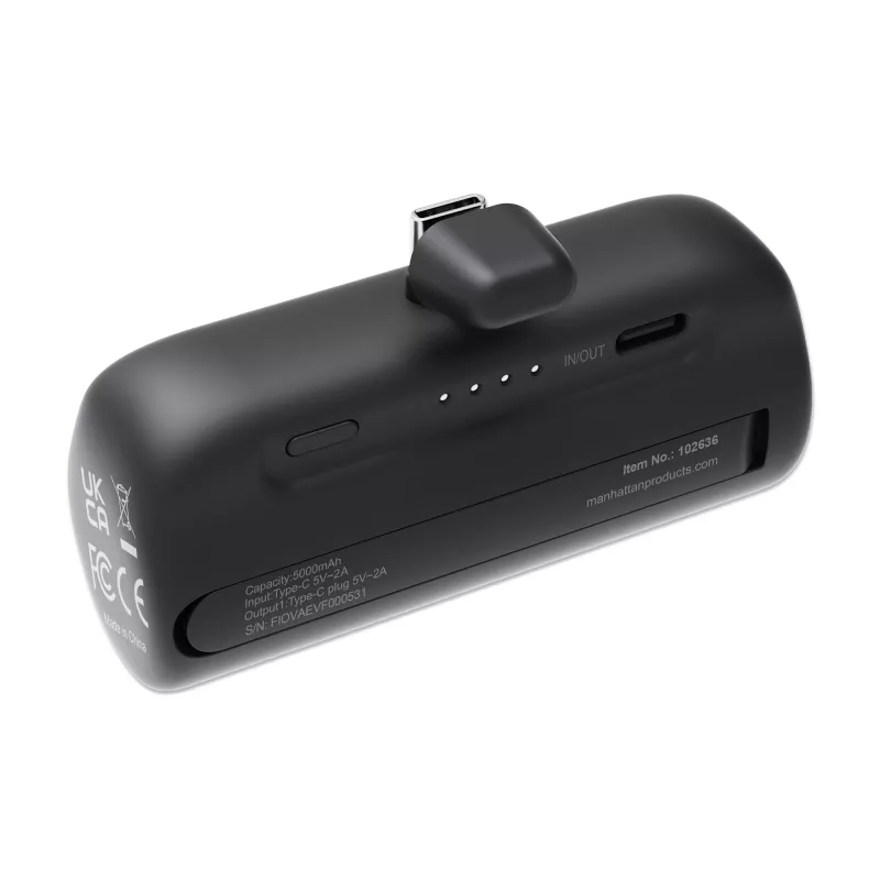Manhattan išorinė baterija su integruotu USB-C kištuku, 5000 mAh, iki 10 W išvestis, atraminė kojelė naudojimui kaip telefono laikiklis, juoda, vienerių metų garantija