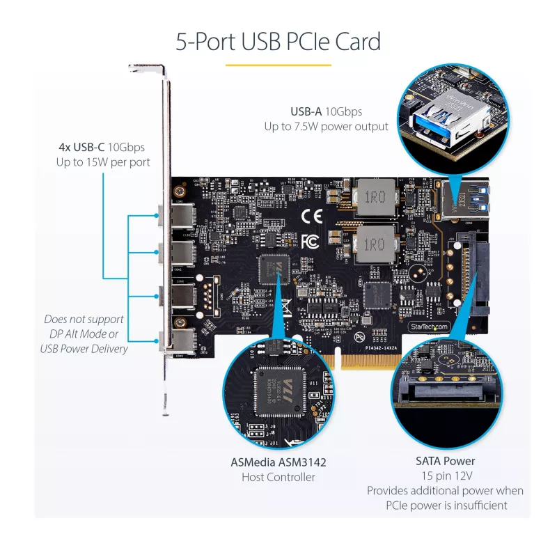 StarTech.com 5 prievadų USB PCIe kortelė, USB 3.2 10 Gbps, PCI Express kortelė su 4x USB-C prievadais, 1x USB-A vidiniu prievadu, USB PCIe valdiklio kortelė, Windows/macOS/Linux