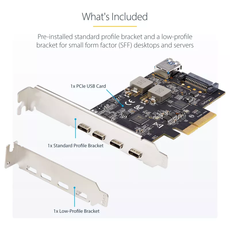 StarTech.com 5 prievadų USB PCIe kortelė, USB 3.2 10 Gbps, PCI Express kortelė su 4x USB-C prievadais, 1x USB-A vidiniu prievadu, USB PCIe valdiklio kortelė, Windows/macOS/Linux