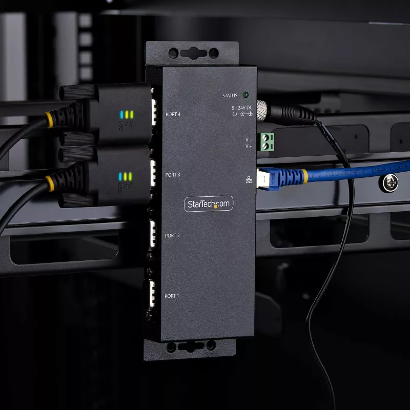 StarTech.com 4 prievadų nuosekliojo ryšio–Ethernet adapteris, IP nuosekliųjų įrenginių serveris nuotoliniams RS232 įrenginiams, montuojamas ant sienos / DIN bėgelio, metalinis korpusas, RJ45 LAN–DB9 nuosekliojo ryšio keitiklis