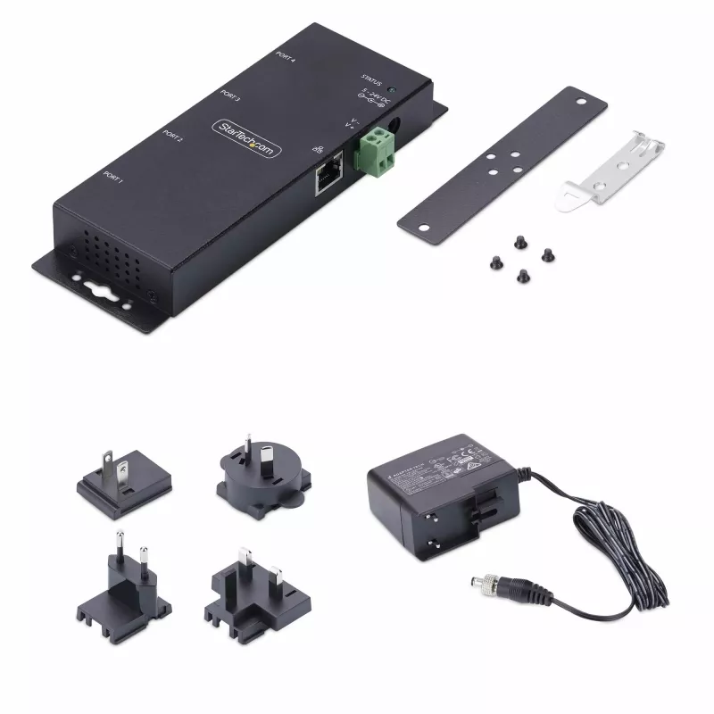 StarTech.com 4 prievadų nuosekliojo ryšio–Ethernet adapteris, IP nuosekliųjų įrenginių serveris nuotoliniams RS232 įrenginiams, montuojamas ant sienos / DIN bėgelio, metalinis korpusas, RJ45 LAN–DB9 nuosekliojo ryšio keitiklis