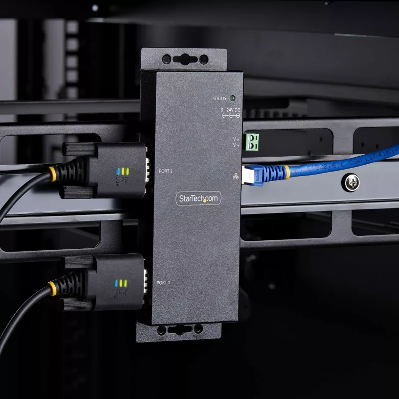StarTech.com 2 prievadų nuosekliojo–Ethernet adapteris, IP nuosekliojo įrenginio serveris nuotoliniams RS232 įrenginiams, tvirtinamas prie sienos/DIN bėgelio, metalinis korpusas, RJ45 LAN–DB9 nuosekliojo keitiklis