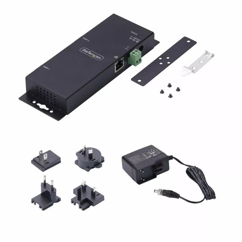 StarTech.com 2 prievadų nuosekliojo–Ethernet adapteris, IP nuosekliojo įrenginio serveris nuotoliniams RS232 įrenginiams, tvirtinamas prie sienos/DIN bėgelio, metalinis korpusas, RJ45 LAN–DB9 nuosekliojo keitiklis
