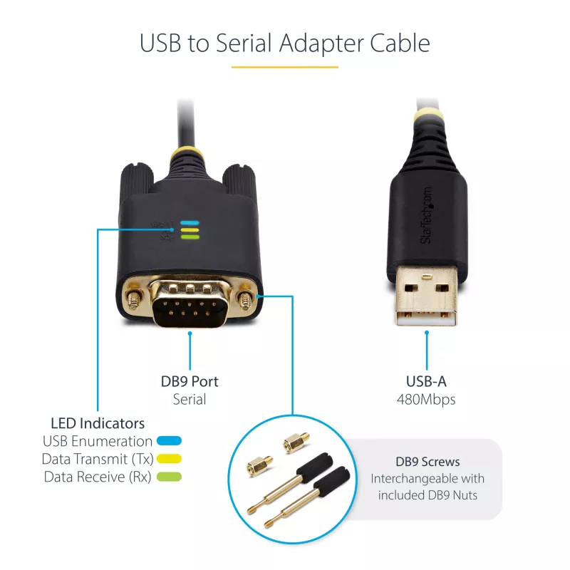 StarTech.com 6,6 pėdos (2 m) USB į nuoseklųjį adapterio kabelis, COM išsaugojimas, keičiami varžtai/veržlės, USB-A į DB9 RS232, FTDI IC, ESD apsauga, Windows/macOS/Linux