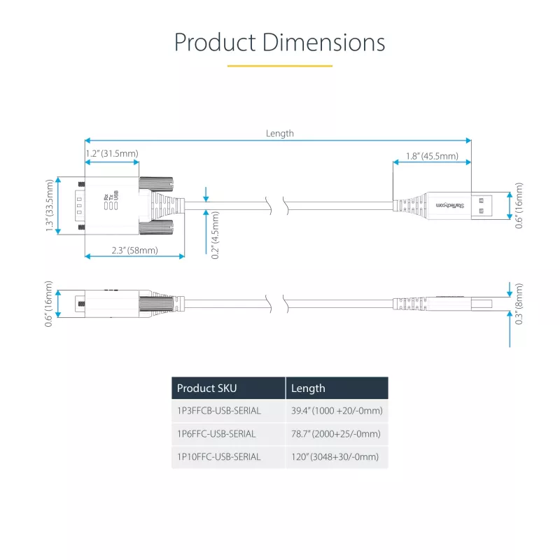 StarTech.com 6,6 pėdos (2 m) USB į nuoseklųjį adapterio kabelis, COM išsaugojimas, keičiami varžtai/veržlės, USB-A į DB9 RS232, FTDI IC, ESD apsauga, Windows/macOS/Linux