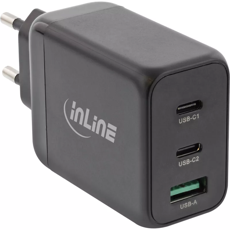 InLine USB PD maitinimo šaltinis, GaN įkroviklis, 3 prievadų, du USB-C + USB-A, 65 W