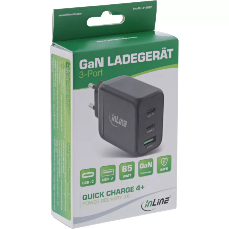 InLine USB PD maitinimo šaltinis, GaN įkroviklis, 3 prievadų, du USB-C + USB-A, 65 W
