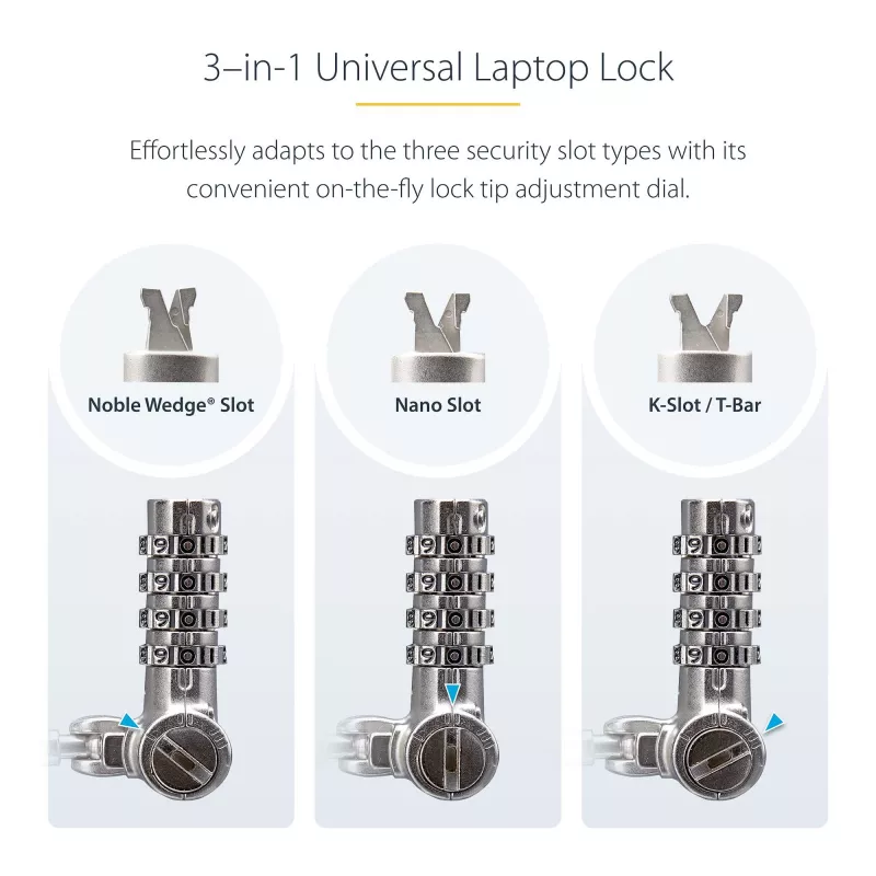 „StarTech.com“ universalus nešiojamojo kompiuterio kabelinis užraktas 2 m, serijinis apsauginis kabelis nešiojamiesiems kompiuteriams, suderinamas su „Noble Wedge®“ / „Nano“ / K lizdu; beraktis kombinacinis kabelis, TAA