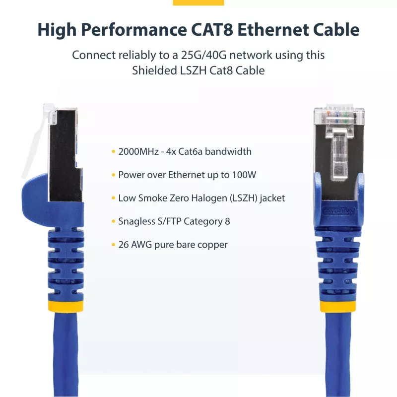 StarTech.com 2 m mėlynas CAT8 Ethernet kabelis, besikabinantis RJ45, 25G/40G, 2000 MHz, 100 W PoE++, S/FTP, 26AWG gryno vario gijos, LSZH, ekranuotas tinklo komutacinis kabelis su įtempimo sumažinimais, individualiai testuotas