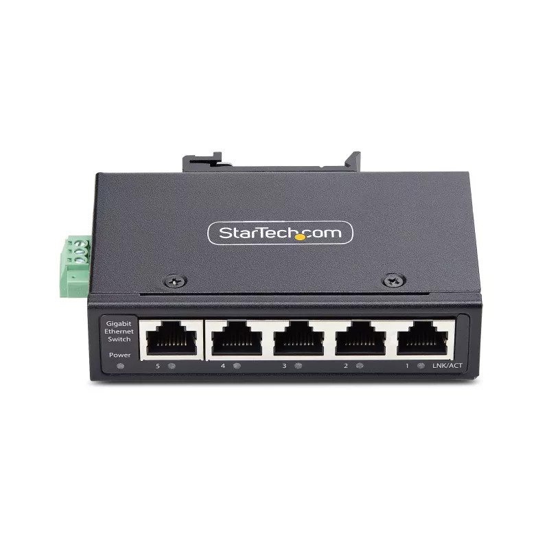 StarTech.com 5 prievadų nevaldomas pramoninis tinklo komutatorius, 100/1000 Ethernet, montuojamas ant DIN bėgelio/sienos, tvirtas IP30 gigabitinis komutatorius, -40F-167F, 9~60V DC, atitinka TAA
