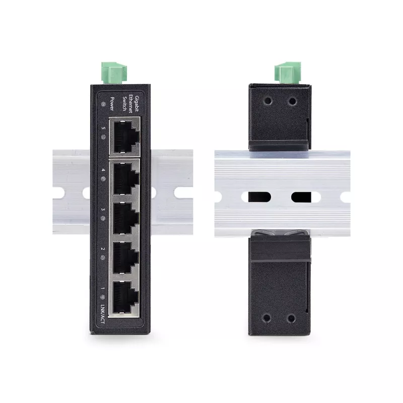StarTech.com 5 prievadų nevaldomas pramoninis tinklo komutatorius, 100/1000 Ethernet, montuojamas ant DIN bėgelio/sienos, tvirtas IP30 gigabitinis komutatorius, -40F-167F, 9~60V DC, atitinka TAA